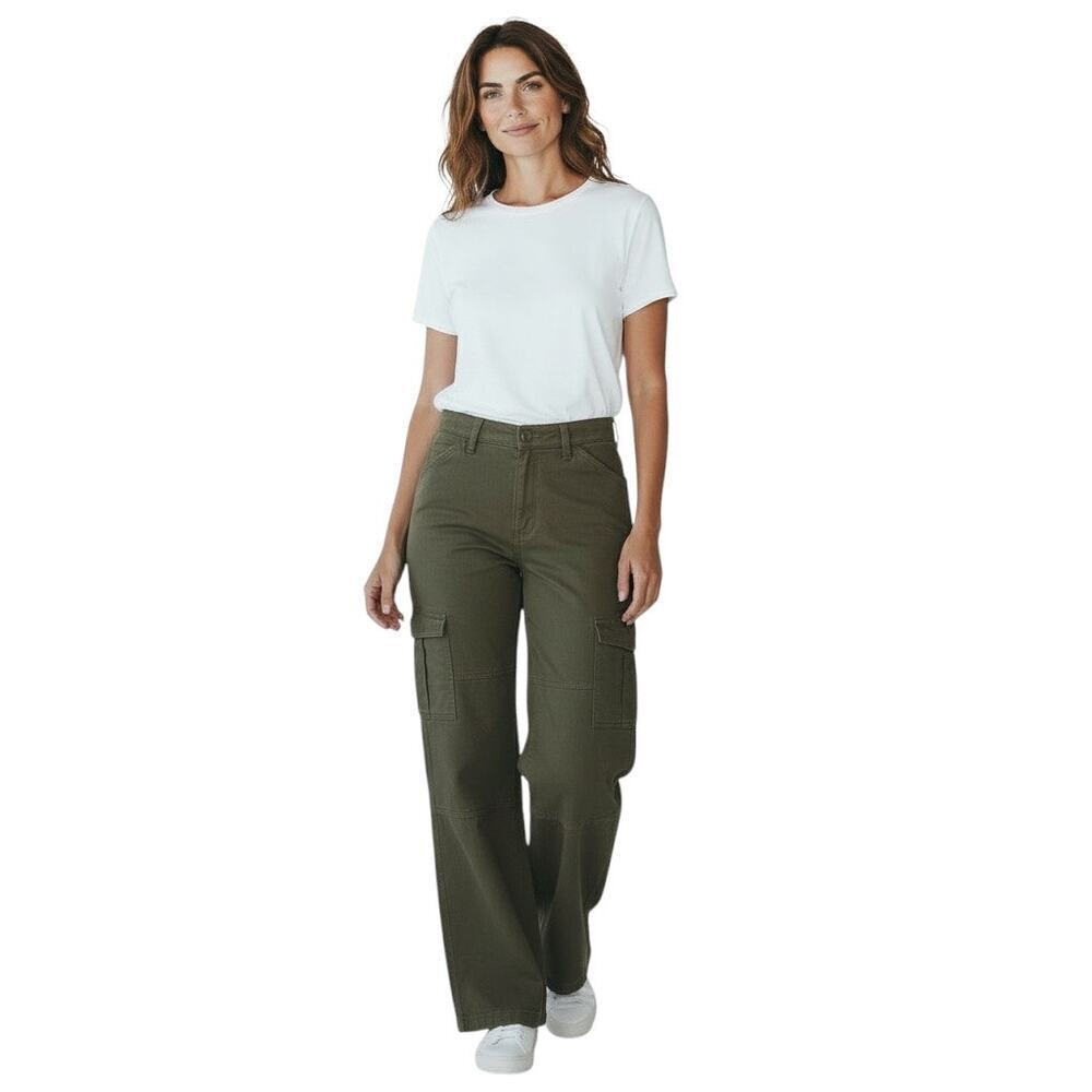 Divided H&M Women's Wide Leg Cargo Pants 0 Green High Rise 100% Cotton Twill